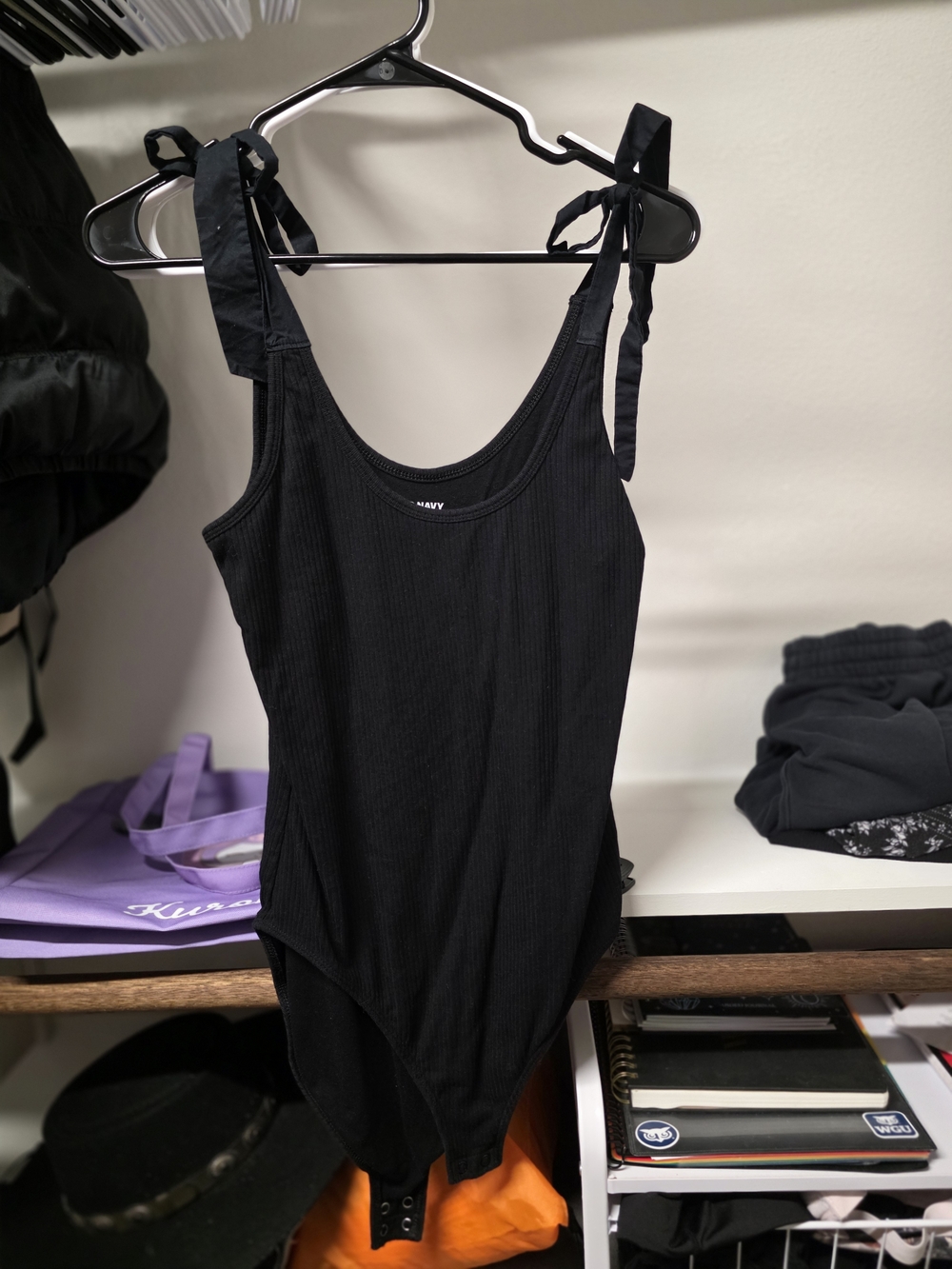 Old Navy Black Ribbed Tie-Shoulder Scoop Bodysuit